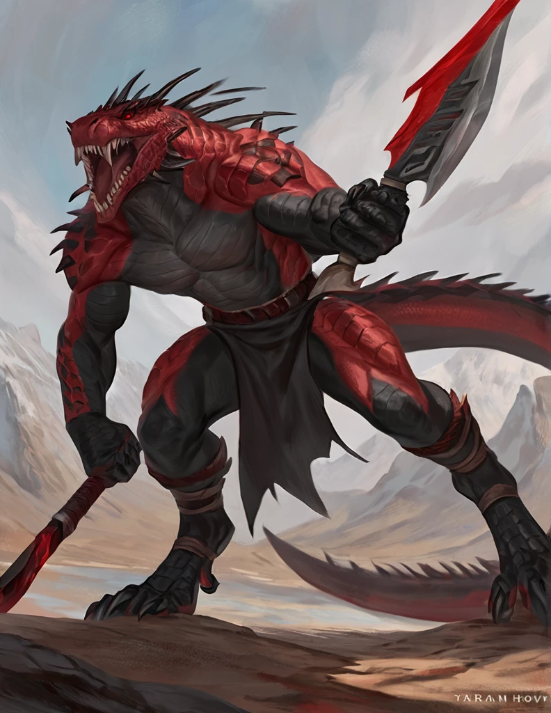 a ferocious male lizardfolk, anthro Glavenus, solo, scaly detailed body, full body, crimson red and black color body, red eyes, giant blade tail, comicbook style, best quality, 4k, ultra-detailed, by laobai, by taran fiddler, by honovy