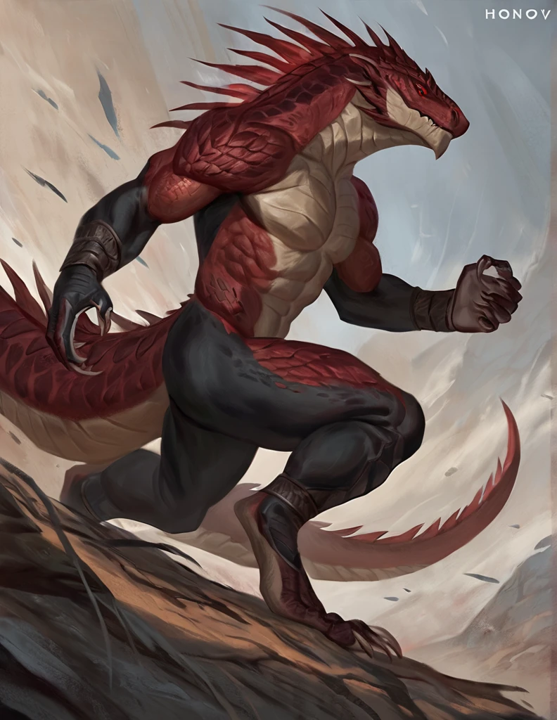 a ferocious male lizardfolk, anthro Glavenus, solo, scaly detailed body, full body, crimson red and black color body, red eyes, giant blade tail, comicbook style, best quality, 4k, ultra-detailed, by laobai, by taran fiddler, by honovy