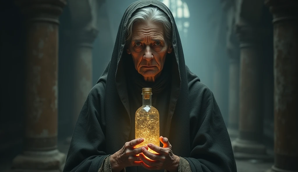 An elderly woman with a determined expression, holding a bottle of holy water with an aura of mystery and power, representing doña Chanita’s role in the story.