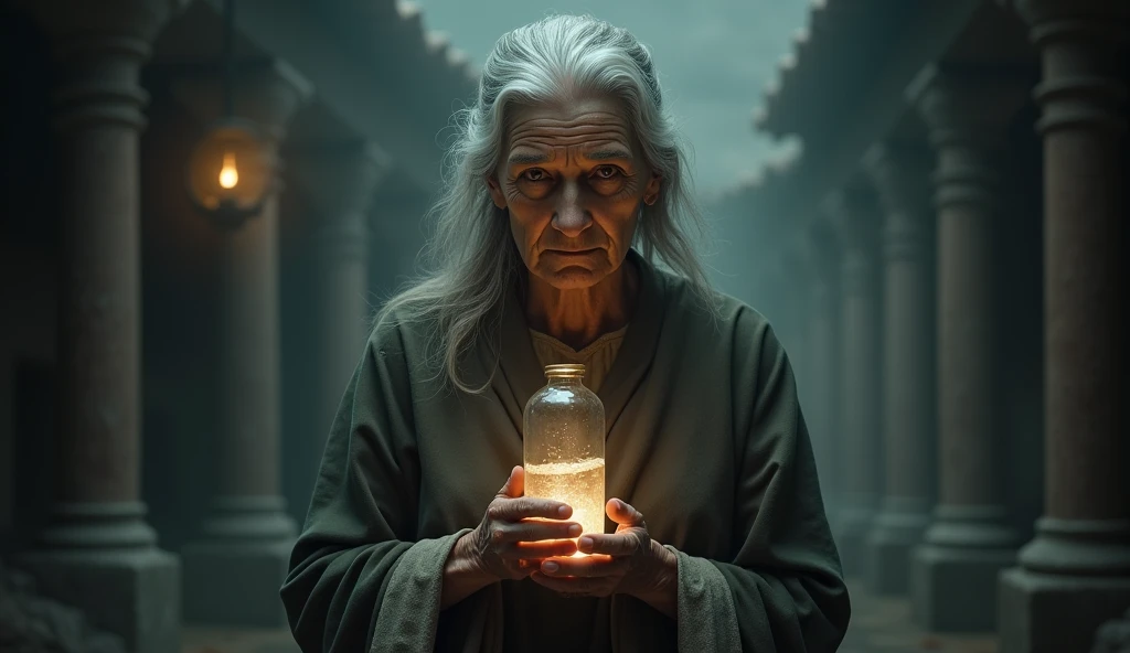 An elderly woman with a determined expression, holding a bottle of holy water with an aura of mystery and power, representing doña Chanita’s role in the story.