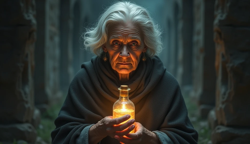 An elderly woman with a determined expression, holding a bottle of holy water with an aura of mystery and power, representing doña Chanita’s role in the story.