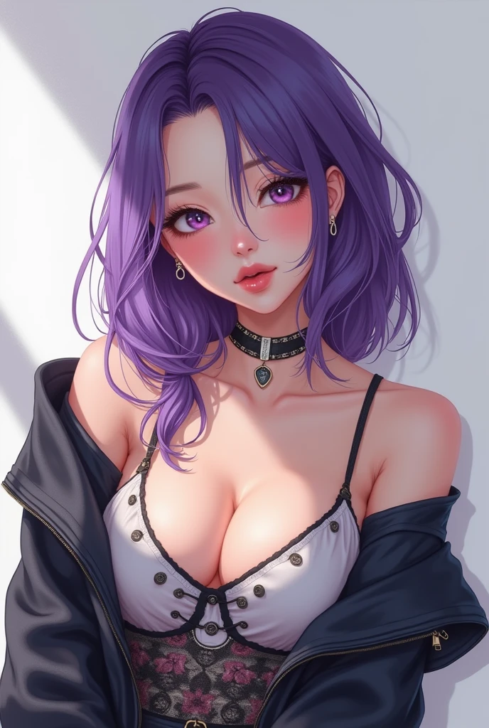 Masterpiece, Realistic Manhwa Art, A Korean girl, One Girl, Looking like an idol , Blushing Hard, Pouting cutely, Looking like she's trying to get someone attention, Eighteen plus years old girl, gyaru type, hot and attractive, big oppai, tall and curvy, hair dye purple