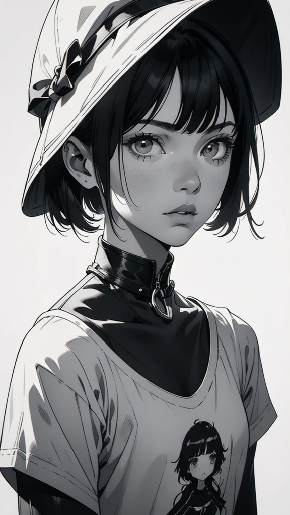 1 boyish girl, solo, sharp eyes, monochrome, greyscale, short black hair, portrait, white T-shirt, closed mouth, looking at viewer, graphite \(medium\), detailed lips, hatching \(texture\), without makeup, bangs, upper body, (best illustration), (best quality), (very detailed), (masterpiece), expressionless,