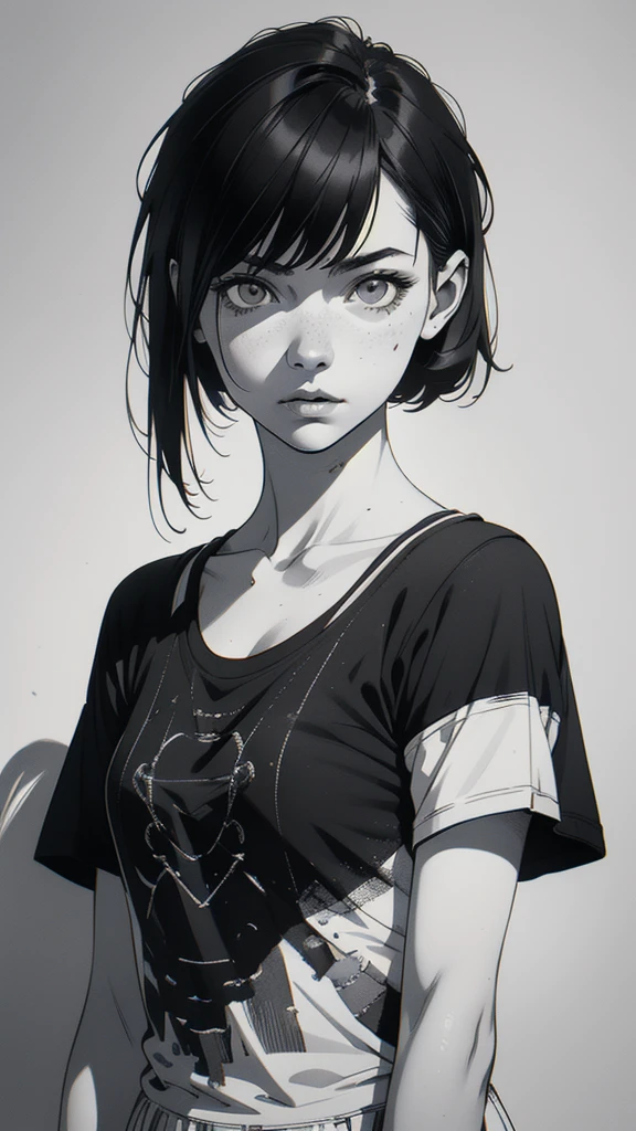 1 boyish girl, solo, sharp eyes, monochrome, greyscale, short black hair, portrait, white T-shirt, closed mouth, looking at viewer, graphite \(medium\), detailed lips, hatching \(texture\), without makeup, bangs, upper body, (best illustration), (best quality), (very detailed), (masterpiece), expressionless,