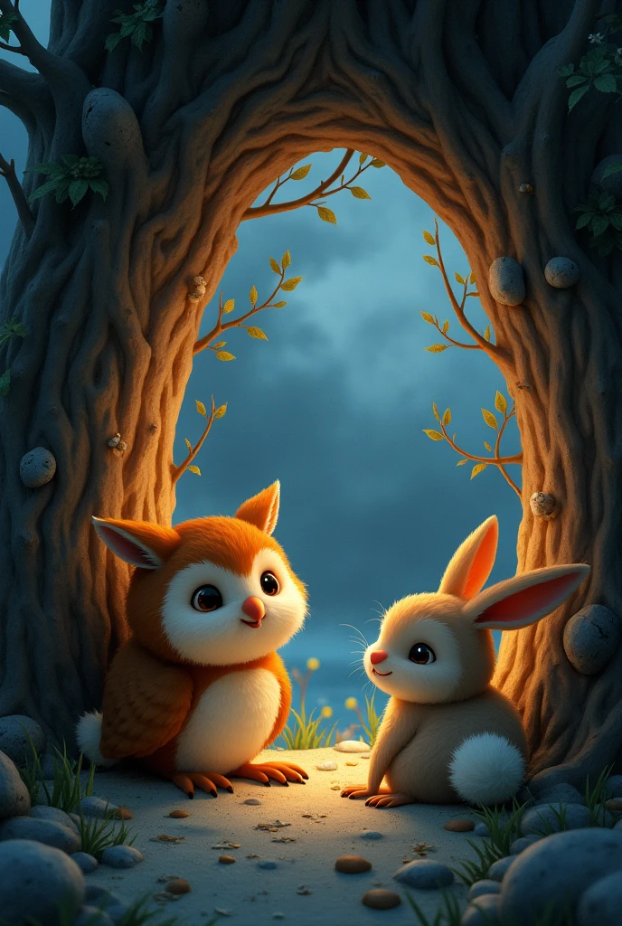 Draw the inside of a snug tree hole where Oliver owl and the rabbit are taking shelter. The hole should look warm and inviting, with soft light filtering through the entrance. Outside, the storm can be seen continuing, but inside, Oliver and the rabbit are safe and calm.