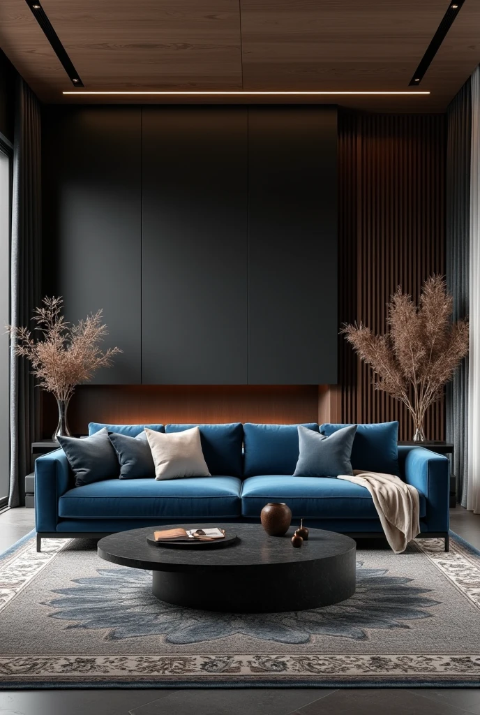 Professional 3d architecture rendering design of modern  living room with  so dark  gray   and  so dark vintage blue  and so dark beige floranca velvet sofa  set and medium  flouting  dark gray marble fireplace and brown laminate and elegant and modern accessories and modern windows and black slab stone middle table and elegant ceiling lighting and elegant accessories and elegant  dark gray Persian carpet 