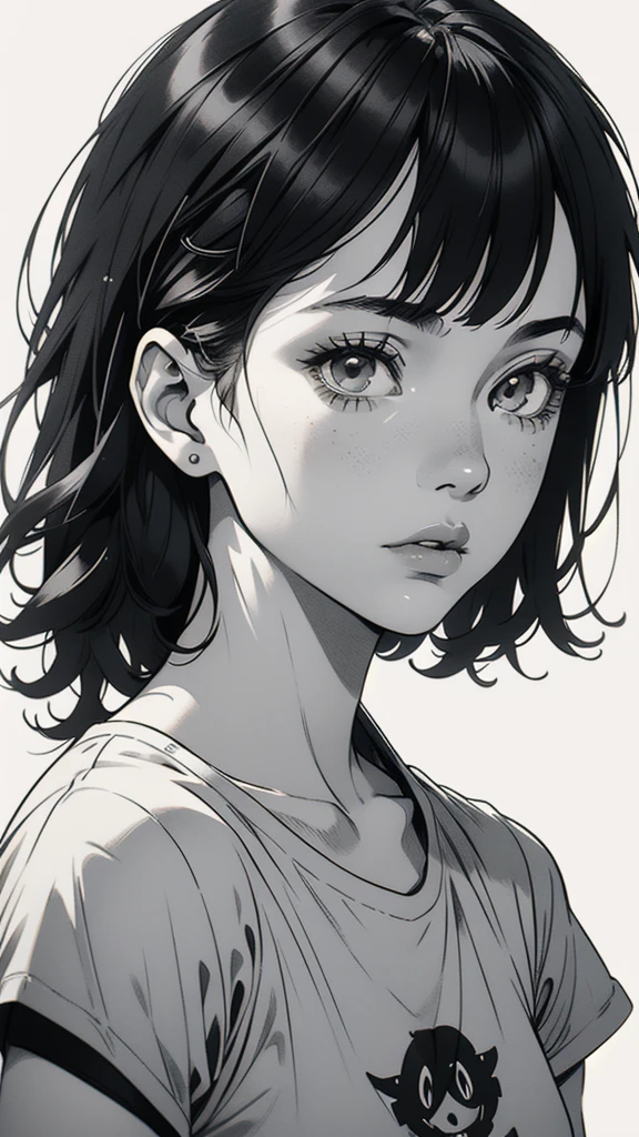 1 boyish girl, solo, sharp eyes, monochrome, greyscale, short black hair, portrait, white T-shirt, closed mouth, looking at viewer, graphite \(medium\), detailed lips, hatching \(texture\), without makeup, bangs, upper body, (best illustration), (best quality), (very detailed), (masterpiece), expressionless,