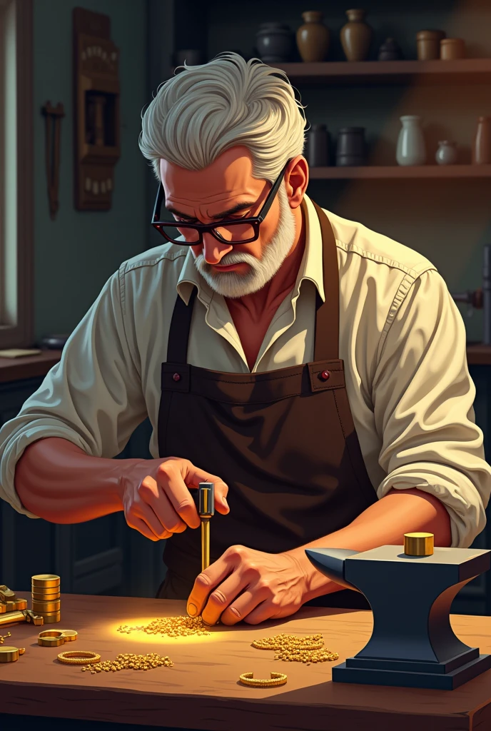 One man working hand-made gold jewellery with his hammer ,vector illustration image