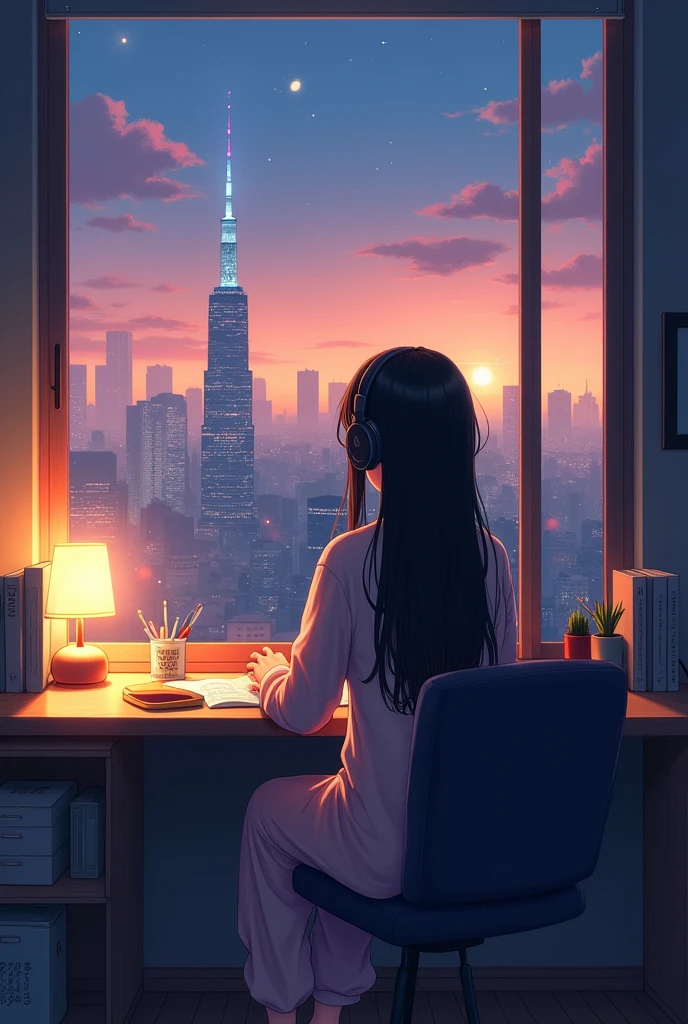 noon、Picture a beautiful anime girl sitting at her computer in a modern city apartment.。The room is comfortable、Relaxed atmosphere、There is a lamp on the desk、Books and stationery are scattered all over the place。Has long black hair、Landscape、She is wearing pajama clothes、headphone、Gazing thoughtfully at the city skyline outside the window。There are skyscrapers in the background、The sun begins to set、When the lights in the building started to come on、Create a quiet, contemplative mood