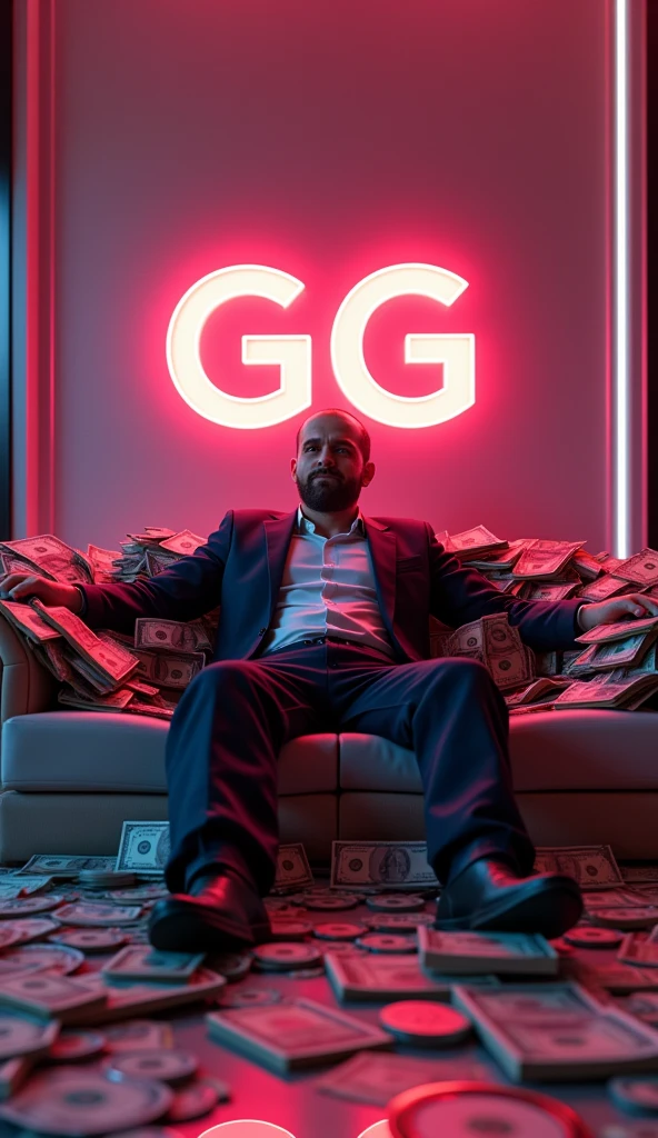 Create 3d picture a man sitting on sofa with money. And wall written his name "G G" with neon light. Man face not visible
