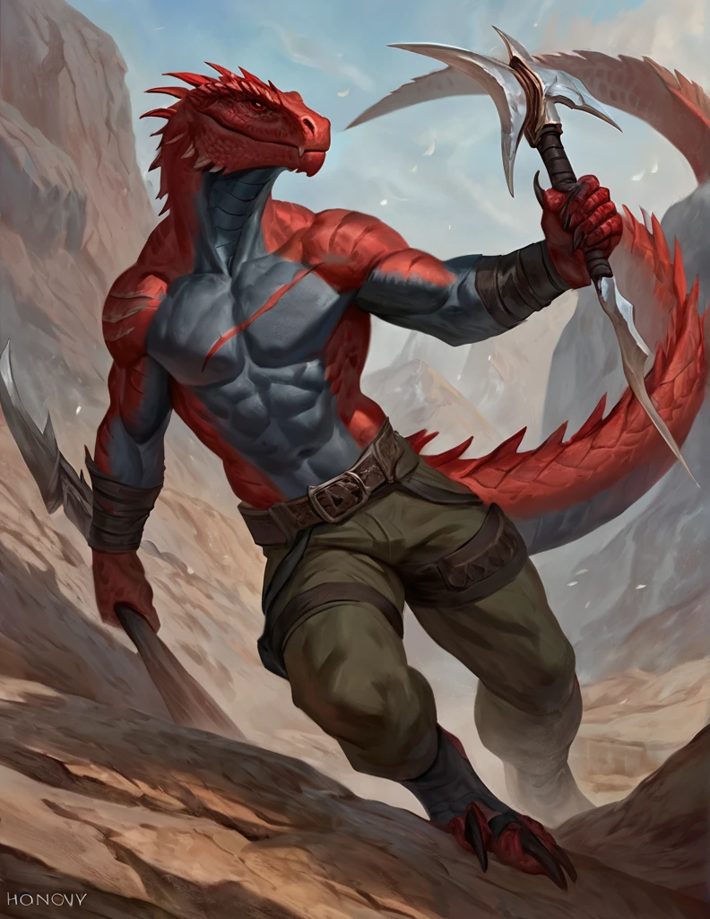 a ferocious male lizardfolk, anthro Glavenus, mercenary, pants, solo, scaly detailed body, full body, scars on body, crimson red and black color body, red eyes, giant blade tail, comicbook style, best quality, 4k, ultra-detailed, by laobai, by taran fiddler, by honovy