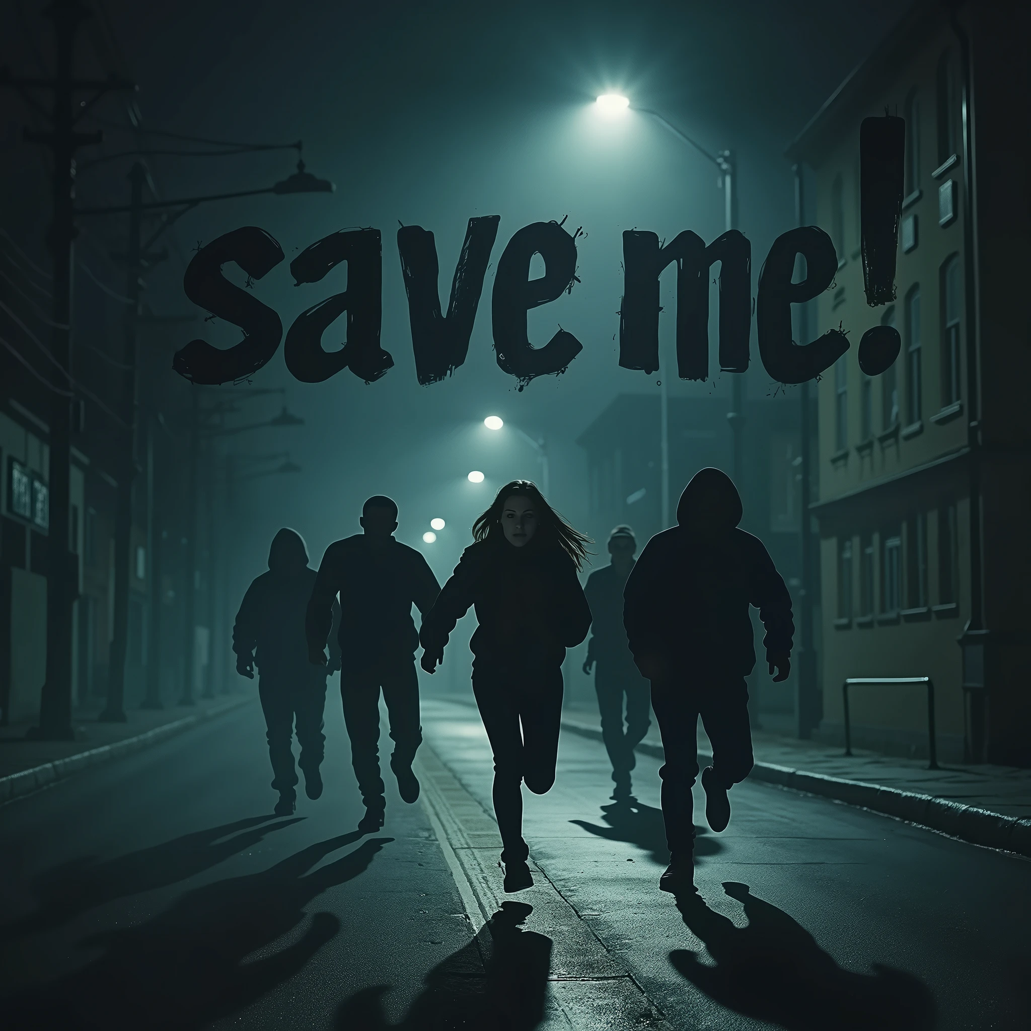 A dynamic night scene captures a young woman desperately fleeing down a dimly lit street, her path illuminated by the stark glow of street lamps. The inky darkness is pierced by the light, casting long, menacing shadows as she runs, her face a blend of fear and urgency. Behind her, a group of shadowy, malicious men chase her, their intentions clearly threatening. The image is shot from a low, tilted angle, intensifying the sense of movement and desperation. Dominating the entire image is a massive, semi-transparent text that reads 'SAVE ME!' in a dramatic, bold font. The text almost acts as a title, floating in the air, partially obscuring the scene but enhancing the overall tension and urgency of the moment.