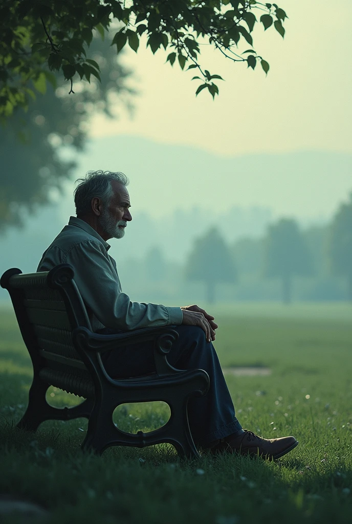 "A man sits alone on a park bench, his gaze fixed on the horizon. What dreams or memories might be dancing in his mind as he stares off into the distance?"