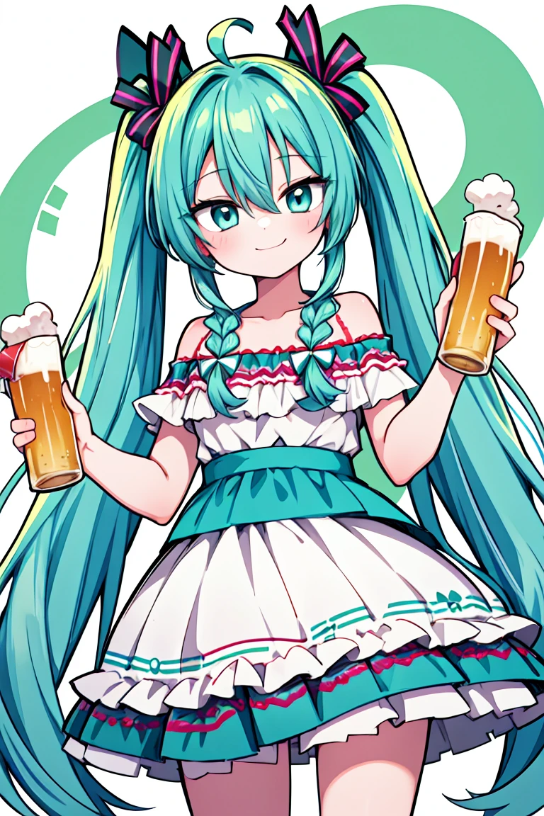 miku hatsune, ahoge, aqua eyes, aqua hair, crossed bangs, hair between eyes, long hair, twintails, mexican dress, braids, beautiful girl, smile, smiling, smug, holding a beer