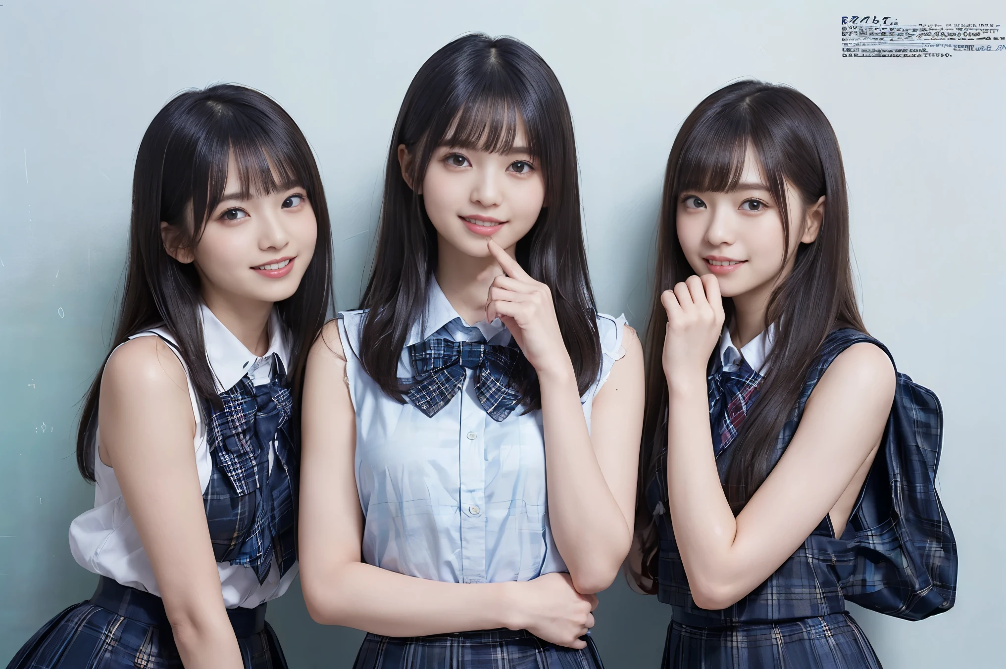 (Highest quality, masterpiece:1.2), Highest quality, Realistic, photograph, High resolution, 1080P, 8k, Physical Rendering, ((height: 155cm、Slim and slender style、medium firm chest)), ((((((A beautiful fashion model featured in a Japanese fashion magazine、Look directly at the viewer)))))), (((big, Very fine, Beautiful dark brown eyes))), ((((Everyone loves me、They are Laughter at me.!)))), Detailed fingers, (((length, Curled bangs))), ((((Very noble and cute eyes, Every detail is carefully drawn)))), ((two重まぶた)), (((length eyelashes))), ((cute、Adorable、Adorable、Laughter、Laughter頬)), ((Pure white light hits my nose and cheeks. Her eyes and the white skin of her face are beautifully white........)), (((((Her face is very expressive、With a noble smile。, so sweet, very smart))))), ((((A striking plain navy large school ribbon bow tie)))), ((((Beautiful long black hair blowing in the strong wind、Fluttering Hair)))), (((((((She rolled up her formal long pleated skirt, Blue and navy tartan check, ))))))), ((((The size is a bit small、When she lifts up her white sleeveless shirt with a gold emblem, she shows off her beautiful small breasts.、Full upper body nude)))), ((As elegant as a noble princess)), ((From before, Create a striking image showing off your breasts..))(((((( fully nude high school girl)))))、Tight waist((((((two))))))、((((((２Full nude high school girls)))))、Shortcut Straight Hair