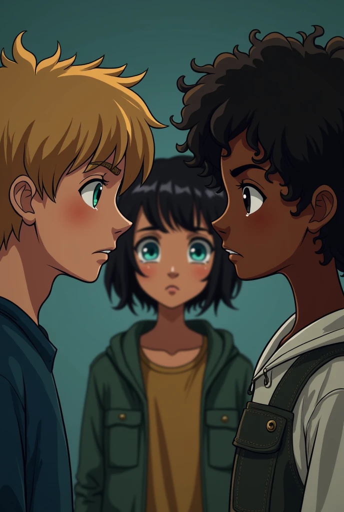 A photo where a blond boy with turquoise eyes and a brunette girl, curly hair, mixed skin and blue eyes are talking to each other and behind a girl with brown eyes Black hair with bangs looks at them crying
