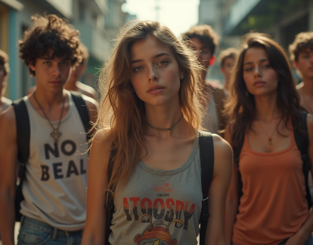 A movie-like photo of a teenage girl in skater fashion and her male and female friends. Everyone is wearing a tank top.