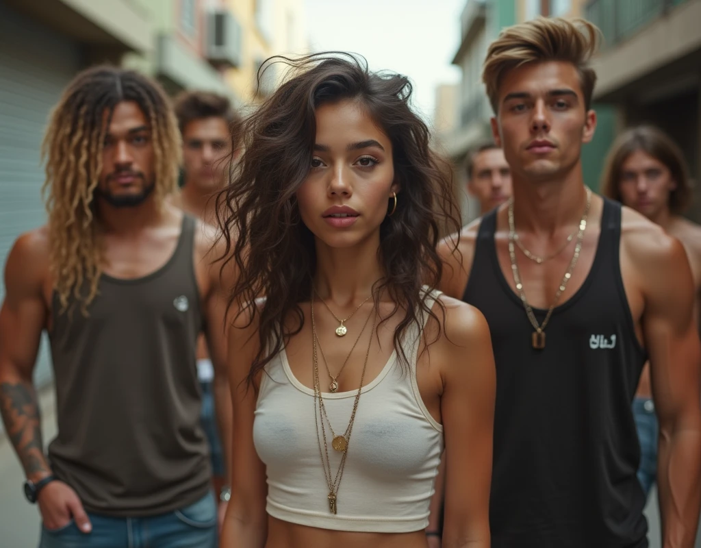 A movie-like photo of a age girl in skater fashion and her male and female friends. Everyone is wearing a tank top.