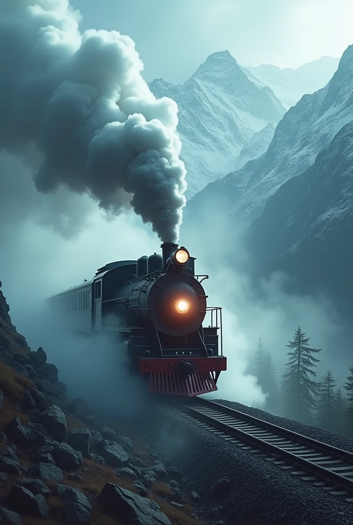 Create a YouTube thumbnail with a dramatic and intriguing atmosphere. Feature a vintage steam train shrouded in mist, winding through rugged Himalayan mountains. Add a ghostly, ethereal glow around the train to emphasize its mysterious nature. Include text that reads "The Ghost Train: The Mysterious Railway of the Himalayas" in a bold, eye-catching font, with a contrasting color to stand out against the background. Create the image in 16:9 ratio