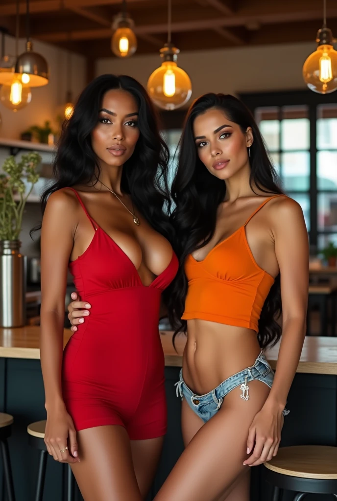 Tyra banx shaved head (very big size breasts 1.9) very small waist, very wide hips, sexy fit, red tight summer dress big clevige and white meagan fox long black hair (very big size breasts 1.8) tight orange top, daisy dooks photoshoot at the coffee shop