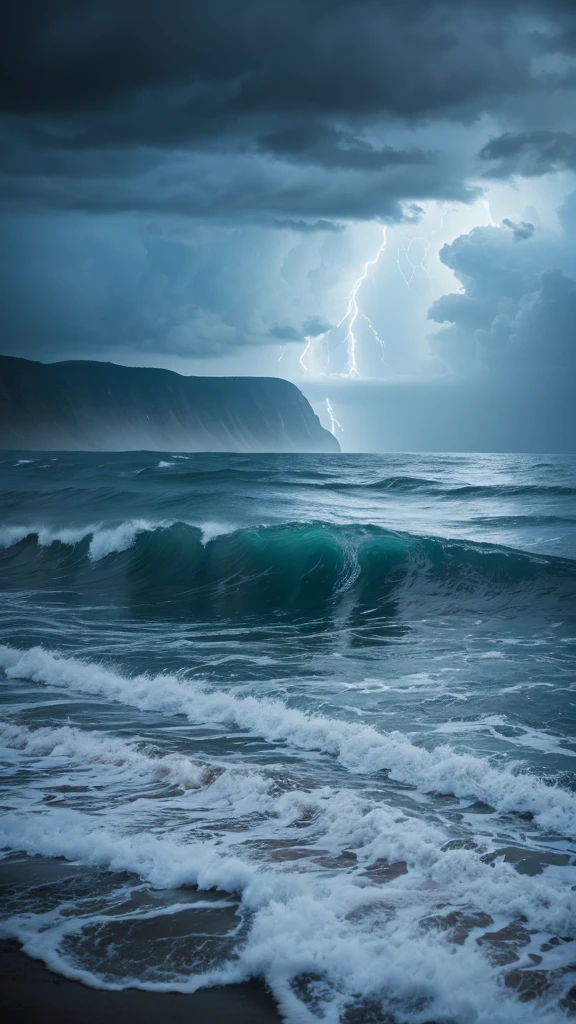 storm,Raging waves,thunder,lightning,High resolution, Cinematic light effects, reflected light, Godley, Artistic, 