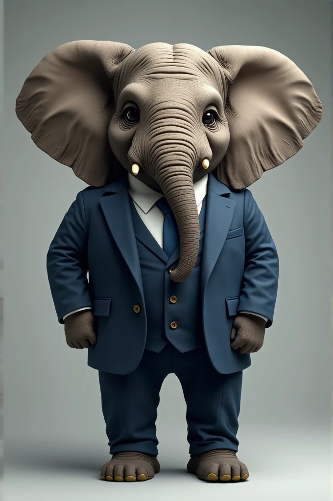 Create a realistic image of an elephant standing upright, dressed in a tailored blue suit. The elephant should have a serious, dignified expression, with detailed wrinkles and textures on its skin. The suit should be well-fitted, with a tie and polished shoes. The background should be neutral, drawing attention to the elephant's poised and professional appearance.