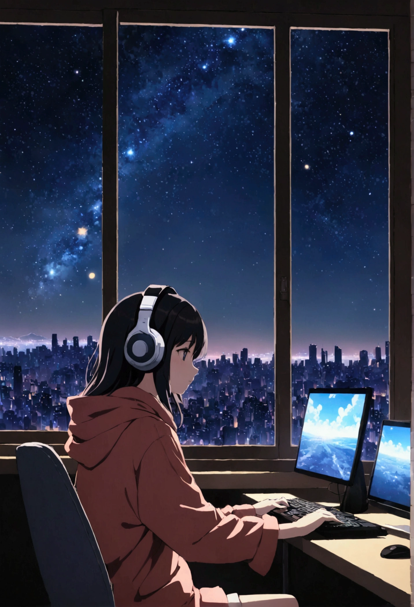 (8k,Highest quality, Ultra-high resolution:1.5, masterpiece:1.3),Animated character sitting at a desk with headphones and a computer, Anime Style8k, anime art wallpaper 8k, anime art wallpaper 4k, lo-fi girl, アニメアート壁紙 8k, anime wallpaper 8k, anime wallpaper 4k, Portrait of Roffey, 4k anime wallpaper, Nightcore, Anime atmosphere, Anime Style. 8k, Anime aesthetics,You can see the night view from the window.,Expressing the city night view and starry sky,With the city night view as a background、Relaxing Lo-Fi music images,You can see the silhouette of buildings and the starry sky..,Expressing a calm night atmosphere