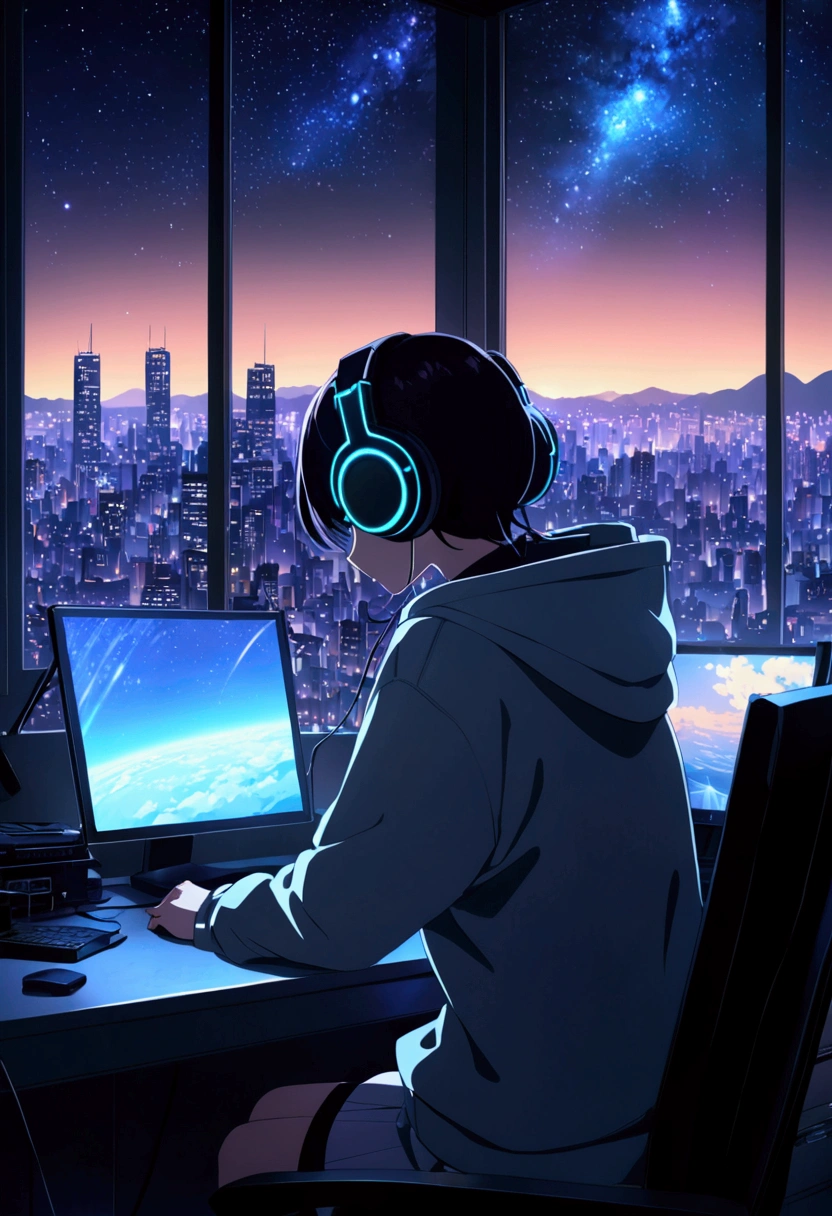 (8k,Highest quality, Ultra-high resolution:1.5, masterpiece:1.3),Animated character sitting at a desk with headphones and a computer, Anime Style8k, anime art wallpaper 8k, anime art wallpaper 4k, lo-fi girl, アニメアート壁紙 8k, anime wallpaper 8k, anime wallpaper 4k, Portrait of Roffey, 4k anime wallpaper, Nightcore, Anime atmosphere, Anime Style. 8k, Anime aesthetics,You can see the night view from the window.,Expressing the city night view and starry sky,With the city night view as a background、Relaxing Lo-Fi music images,You can see the silhouette of buildings and the starry sky..,Expressing a calm night atmosphere