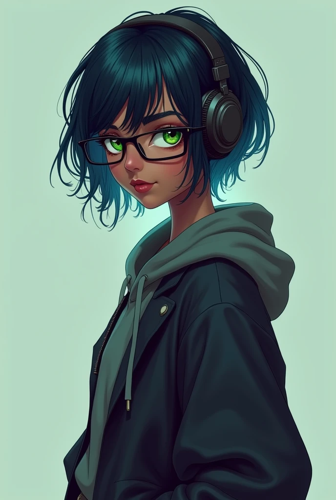 Slim and slender girl with really dark skin
Obese
with green eyes, short blue to black hair 
Wearing glasses
With headphones, wearing geeky clothes
