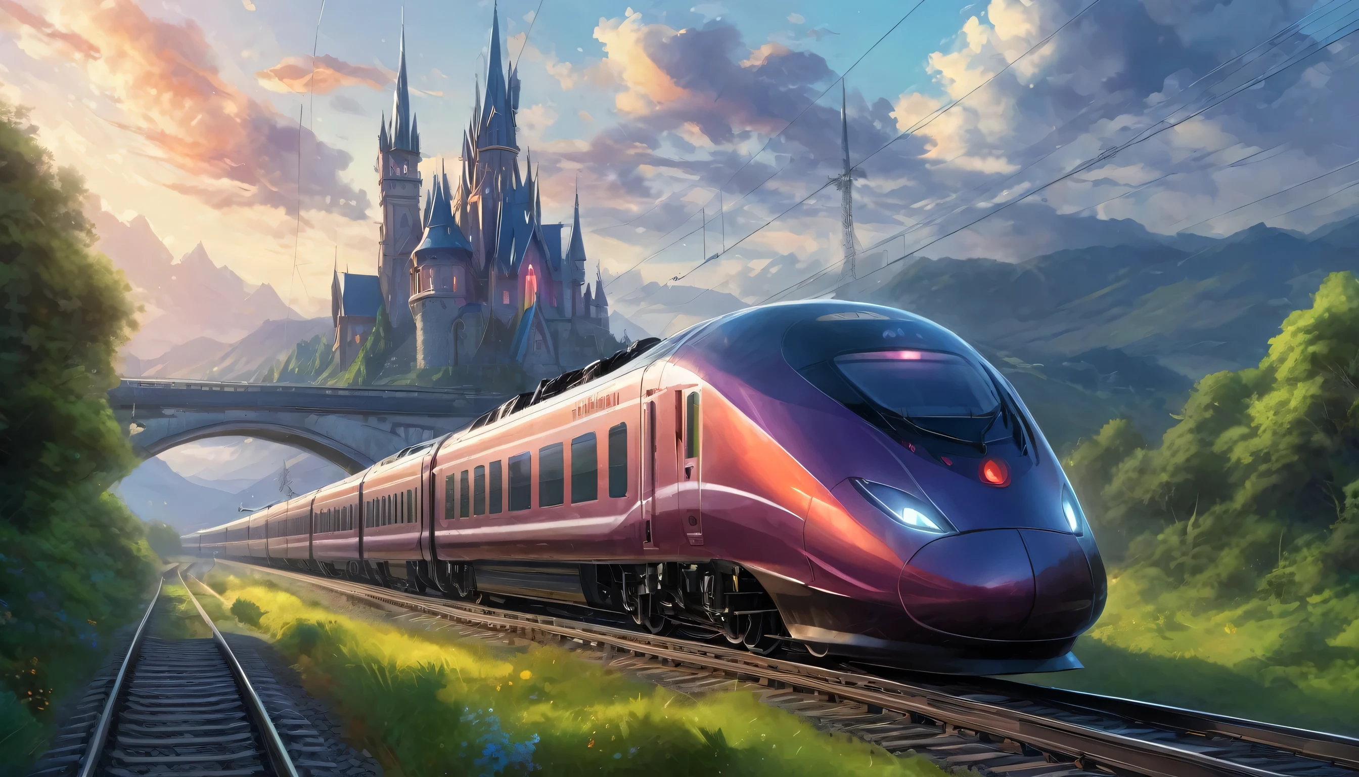 A sleak modern train going down the tracks, beautiful fantasy, inspired by Igor Zenin, julie dillon, fantasy - n 9, ue5, by Kaii Higashiyama, high speed trains, nightcore, artist rendition, photo of a painting, tall spires, extended art, cgsociety, uiltra realistic, 8k, vibrant colors