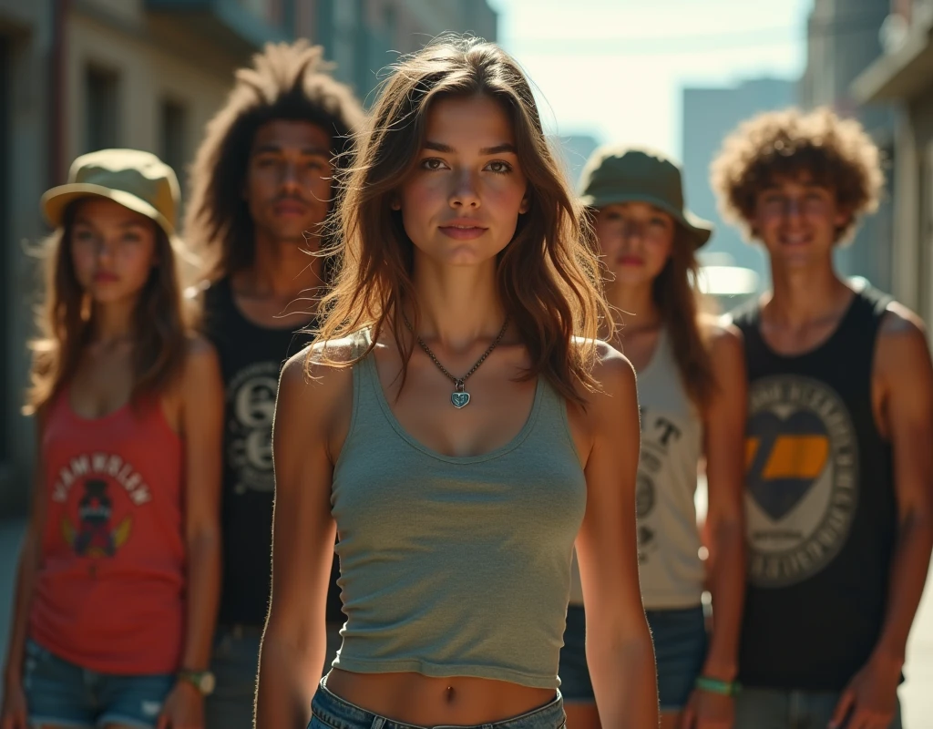 A movie-like photo of a teenage girl in skater fashion and her male and female friends. Everyone is wearing a tank top.