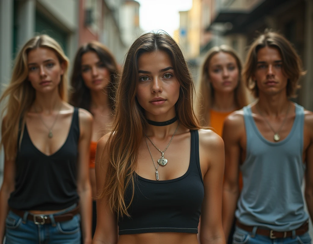 A movie-like photo of a teenage girl in skater fashion and her male and female friends. Everyone is wearing a tank top.