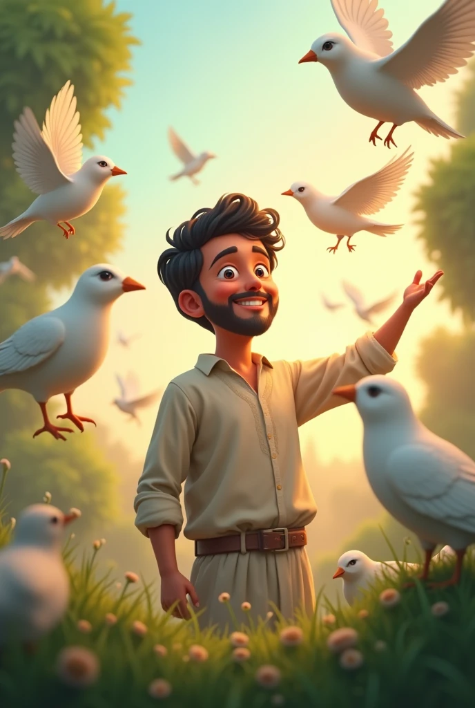 Hasan is surrounded by the birds, with a serene smile on his face, illustrating that good deeds always bring great rewards.