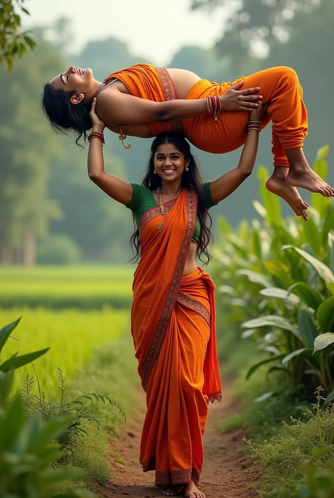 Smiling, Beautiful indian village young girl Divya in saree carrying a large man over her head in a farm, full view , natural 