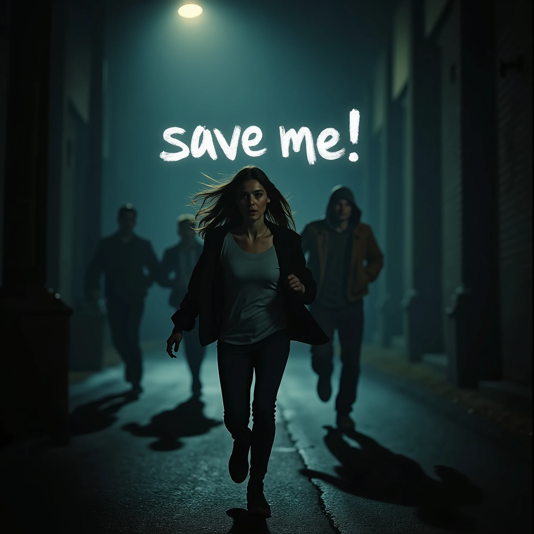 A dramatic night scene captures a young woman running frantically down a dimly lit street, illuminated only by the eerie glow of street lamps. Her face is a mix of fear and determination as she glances back at the shadowy figures of several men pursuing her with malicious intent. The scene is tense, with the darkness and long shadows creating a sense of danger. Floating in the air across the entire image, a large, semi-transparent text reads 'SAVE ME!', as if it's part of the atmosphere itself, adding an urgent, haunting plea to the already intense moment.