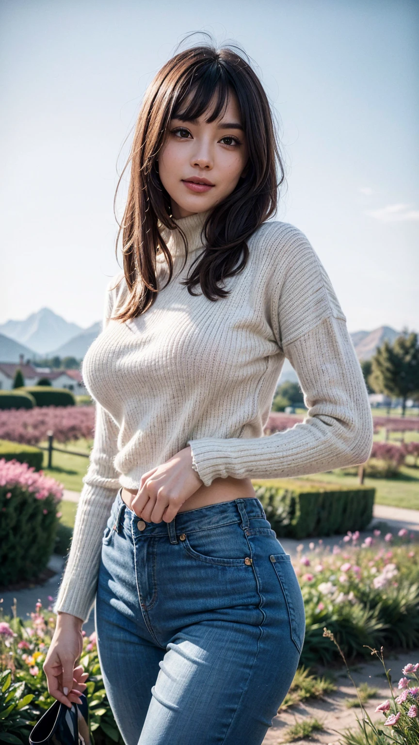 ((Master piece)), ((best quality)), (high quality), ultra highres, best quality, ultra-high detail, ultra-high quality, ultra-high realistic, rendering high realistic, 1girl, solo, best lighting, side lighting, natural lighting, High Dynamic Range, beautiful and aesthetic, (perfect body), ((narrow waist, wide hips)), sexy smile, looking to the viewer, detailed face, shiny skin, oiled skin, Adult girl, agirl, mature, huge breast, (big breast), nice ass, sexy body, the best anatomy, ((blonde, long straight hair with bangs)), (blue eyes), (((turtleneck loose cropped sweater with low waist long jeans, thick sweater, loose sweater, cropped loose, black sweater, low waist jeans, long blue jeans))), ((high heels)), standing, seductive, little smile, sexy smile, realistic lighting, outdoor, afternoon, ((meadow full of flowers)), ((beautiful landscape, views of the sky and mountains, red sky in the afternoon, realistic background)), detail face, the best background, ((detail background)), ((background realistic)), 8K, 16K, the best resolution, ultra-High detail, the best image, the best picture, detail face, detail hands, detail arms, ((detail anatomy)), the best anatomy, perfect anatomy, detail fingers, detail nails, detail body, detail legs, the best proportion face, the best arms, (((from front))), the best proportion hands, the best fingers, the best nails, detail foot, perfect nails, detail nails, the best model, ((Increase quality)), detail all proportion, detail intricate, the best proportion pose, the best proportion arms, the best proportion fingers, the best proportrion nails, fingers realistic, nail realistic, arms realistic, legs realistic, detail anatomy, looks at the viewer, (realistic:1.3), photorealistic, photograpy, ultra detailed intricate, perfect all proportion, sexy pose, absurd resolution, HDR, fix , cinematic film, upscale, HIRES-Fix, elegant, the best visual, realistic visual,