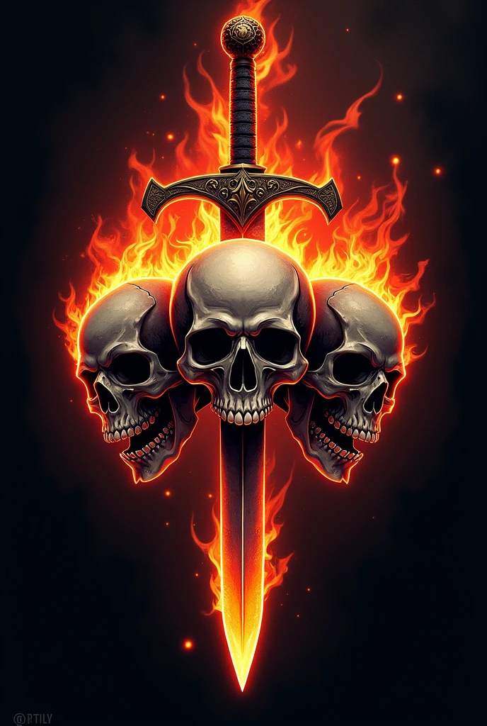 a logo icon of three skulls with eternal flames of passion with sword of dignity 
