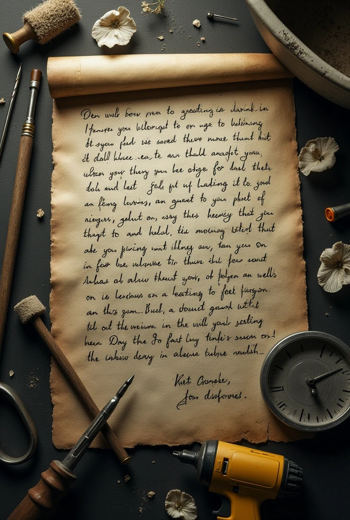 create a somewhat old writing from the perspective of above, that the writing is dark and that inside it there is a box cutter and a screwdriver, Below there is a sander and a tub with a mop