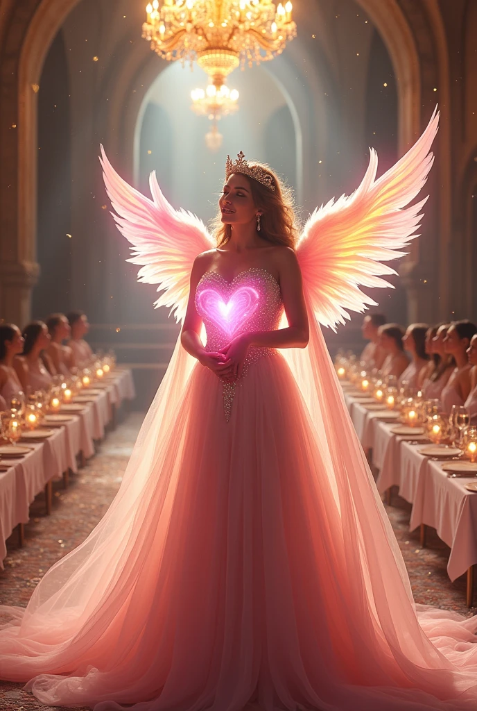 A tremendous god々Shi Thank you for your continued support A heart of gratitude shines in pink Gentle rainbow-colored feathers dance 8K In a beautiful dress with jewels Beautiful woman in the back A big chandelier and a dinner party for one person The old castle sparkles and stardust falls