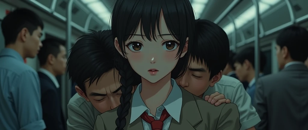(32K:1.9, Horror depictions:1.9, Highest quality, masterpiece, Ultra-high resolution, Professional random angle camera work:1.5, Very detailedな肌と顔の質感:1.4), Always accurate, Very detailed, Student bag, (Cute Japan schoolgirl:1.3, A high school girl's blazer uniform with a red tie:1.5, Incredibly slim body:1.4, areola is not visible:1.4, Big breasts on the verge of collapse), ((Crowded train:2.0, Crazy behavior:1.9, in the train、Two middle-aged men hugging a woman from behind:1.8)), belt, Fair skin, elegant, sense of cleanliness, Thin eyebrows, (Scared expression:1.0, Confused expression:1.0, A look that shows deep contempt for you:1.0), (Big eyes that exude beautiful eroticism:0.4, Open your mouth a little, lipstick, Feel the beautiful eroticism:1.0, Dark brown ponytail), romantic, mysterious, Object of admiration, original, dramatic, artistic, Innovative, charm, Heartful, Fancy, Tilt, sense of loss, special, ((exciting, Extreme, sense of openness, suffering, sufferingの表現)), ((Mistakes of Youth, 女性的なcharm))
