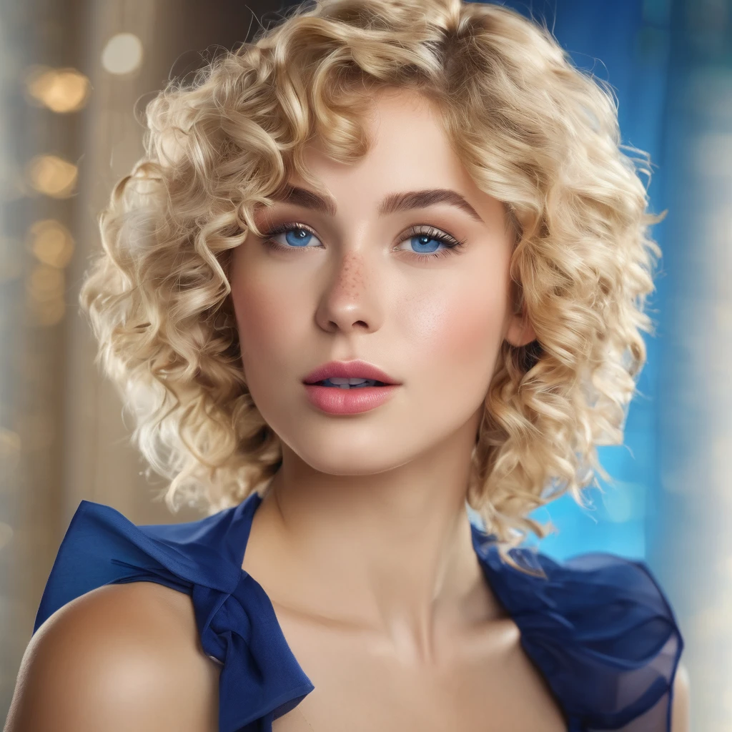 Pretty girl, elegant outfits, youthful emanations, bold compositions, blonde hair, short curly hair, rosy cheeks, blue eyes, freckles on cheeks, full color, top quality images.