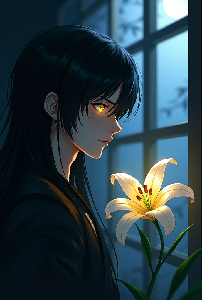 A young man is holding a branch of lily. He has long black hair and gray eyes with yellow lenses. He is looking at the moon through the window. Not glasses