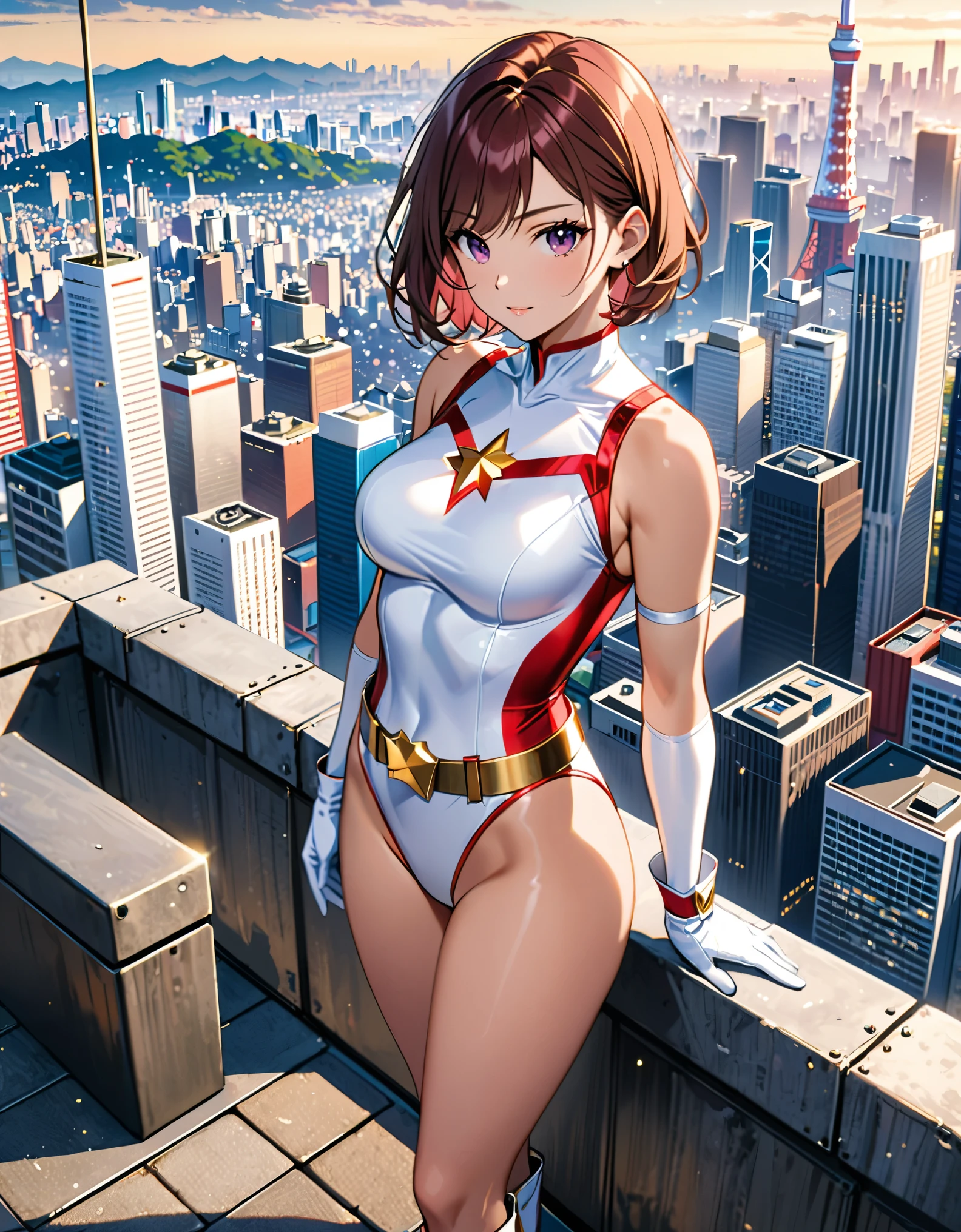 (masterpiece), (best quality), (high res), medium breasts, ((leotard, white and red leotard, matching leotard, sleeveless, bare legs)), ((tight belt, gold belt)), ((boots, matching boots, ankle-high boots, white boots)), ((gloves, white gloves)), city backdrop, tokyo city backdrop, solo, solo focus, standing, (full body), cowboy shot, superhero, ((beautiful detailed eyes)), ((gold star symbol on chest)), (brown hair, medium hair, bob hair, purple eyes), (perfect hands, perfect anatomy), cowboy shot, superhero, ((beautiful detailed eyes)), full body costume design.