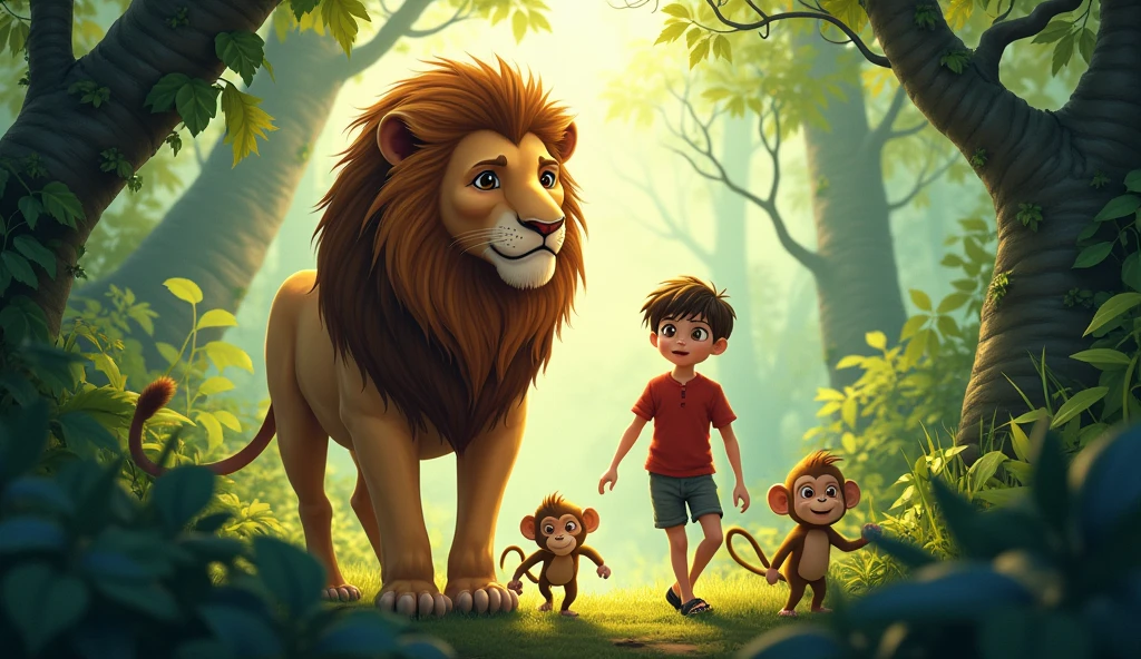 From that day on, Oliver and the lion became the best of friends. The lion would often accompany Oliver on his jungle adventures, guiding him through the thick underbrush and teaching him the secrets of the wild. The monkeys, too, became his loyal companions, adding to the joyful chaos of their daily explorations.