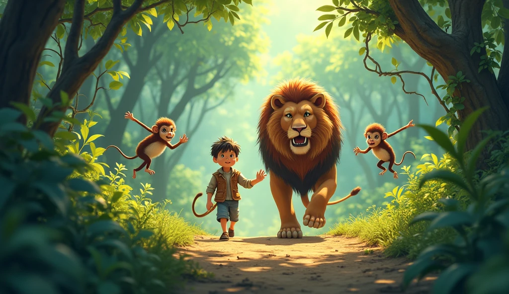 From that day on, Oliver and the lion became the best of friends. The lion would often accompany Oliver on his jungle adventures, guiding him through the thick underbrush and teaching him the secrets of the wild. The monkeys, too, became his loyal companions, adding to the joyful chaos of their daily explorations.