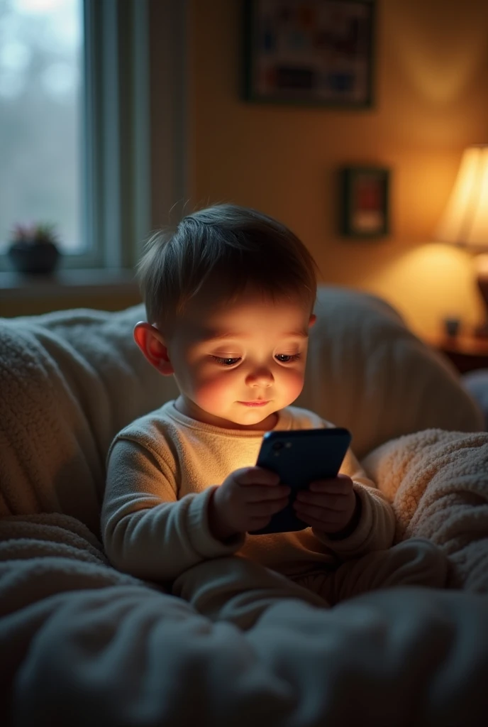 A small person at home is looking at his mobile phone