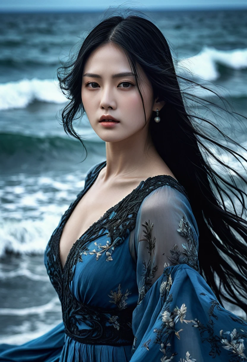 ((Masterpieces with up to 16K resolution:1.6)),Highest quality,it is really amazing,Very detailed,Ultra-high resolution,(Real:1.5),(Realistic:1.5),Increased depth of field,Cinematic Light,
Elegant mature woman,
Long black hair,(Exquisitely detailed face:1.5),Face with a gentle expression,Translucent white skin,Very sensitive skin,Great proportions,Anatomically correct body,
Elegant high leg swimsuit,Artistic design,Beautiful and detailed pattern,Detailed fabric texture,Gorgeous necklace,
Coastal landscape at dusk,Dark clouds and dark sky,delay々Continuing sandy beach, Deserted Beach,Dark sea surface,
(Dramatic Angle:1.6),