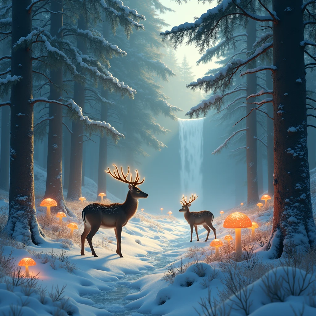 Winter snow(Enchanted Forest 7,Magical Creatures,(Glowing Mushrooms),sparkling waterfalls,fantasy,Leonora Carrington,a fantasy forest,Hazy perspective,Sunlight through pine trees,(Glowing sika deer),colorful,Task,Light and shadow effects,HD,masterpiece,details,Depth of Field