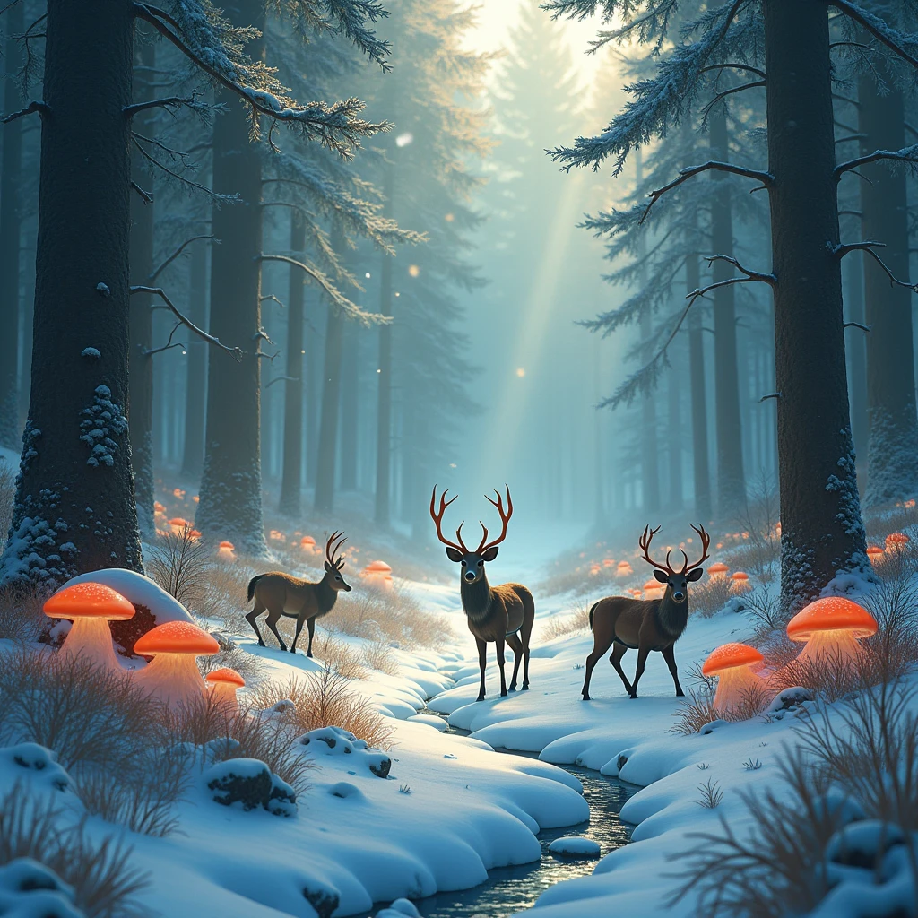 Winter snow（Enchanted Forest 7，Magical Creatures，（Glowing Mushrooms），sparkling waterfalls，fantasy，Leonora Carrington，a fantasy forest，Hazy perspective，Sunlight through pine trees，（Glowing sika deer），colorful，Task，Light and shadow effects，HD，masterpiece，details，Depth of Field
