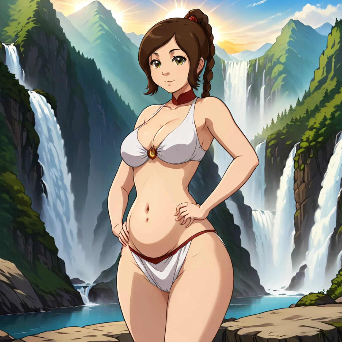 I looking at the viewer, 1 girl, tylee, stands apart, no other people, ((belly stuffed)), ((huge belly)), ((Very drunk)), ((staggers)), (tight clothes) , 1, ((Brown hair)), (white skin color), Beautiful face, ((hourglass body)), breast, Mountain background, waterfall, Sun Ray,